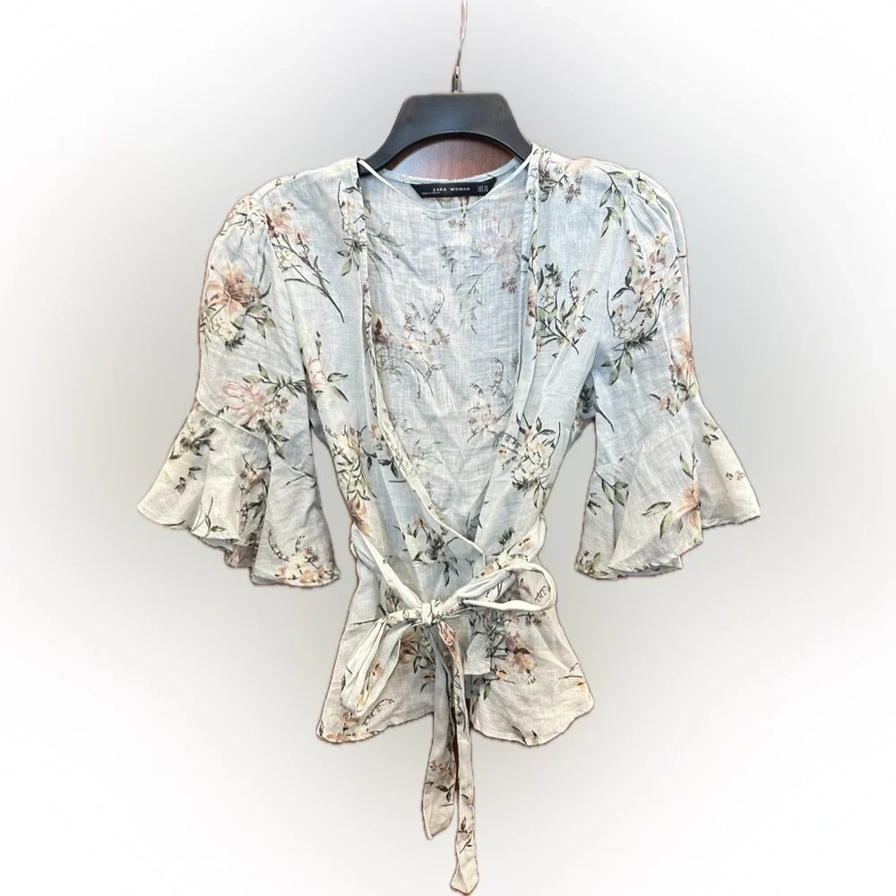 Zara Floral Linen Wrap Blouse - Cream, Pink and Green - Picture 3 of 6